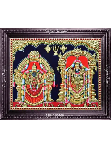Balaji Thayar Tanjore painting with temple-style arches, gold foil work and traditional Vaishnavite detailing